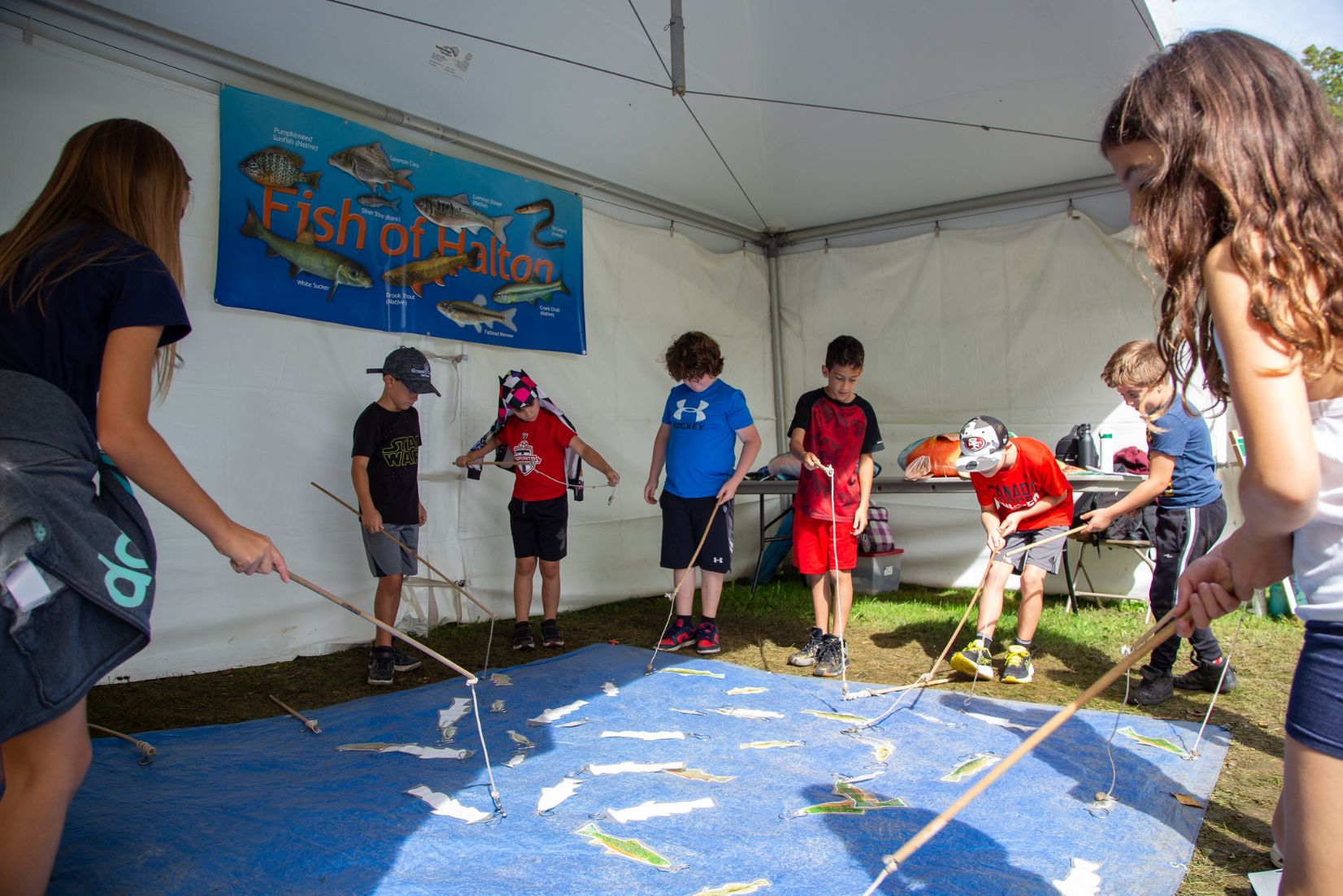 Children playing a fishing game.