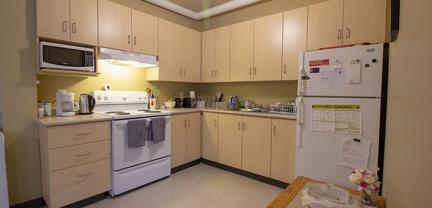 Student standing in a kitchen talking