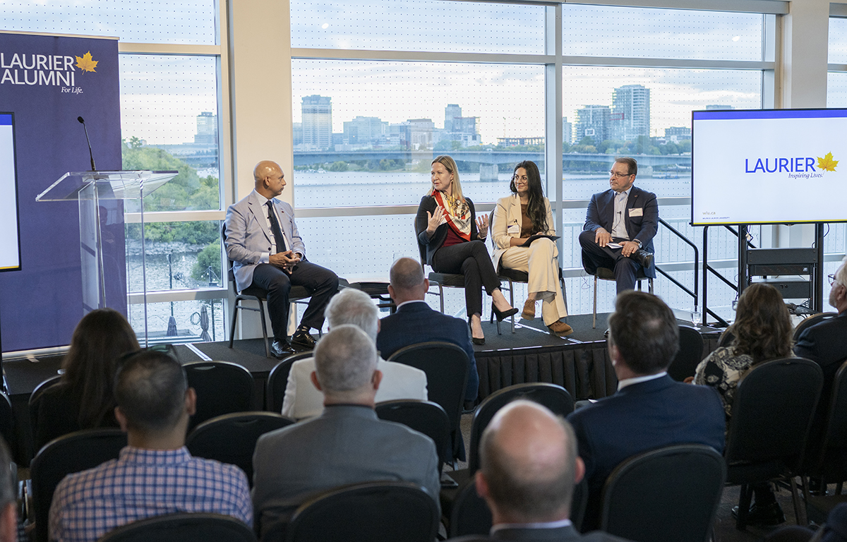 Laurier Chancellor Nadir Patel, left, leads a conversation focused on the North featuring Ann Fitz-Gerald, left, Homa Kheyrollah Pour and Joe Dragon