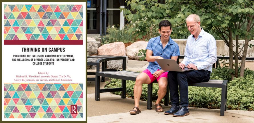 Left: Thriving on Campus book cover. Right: Tin Vo and Michael Woodford looking at a laptop together.